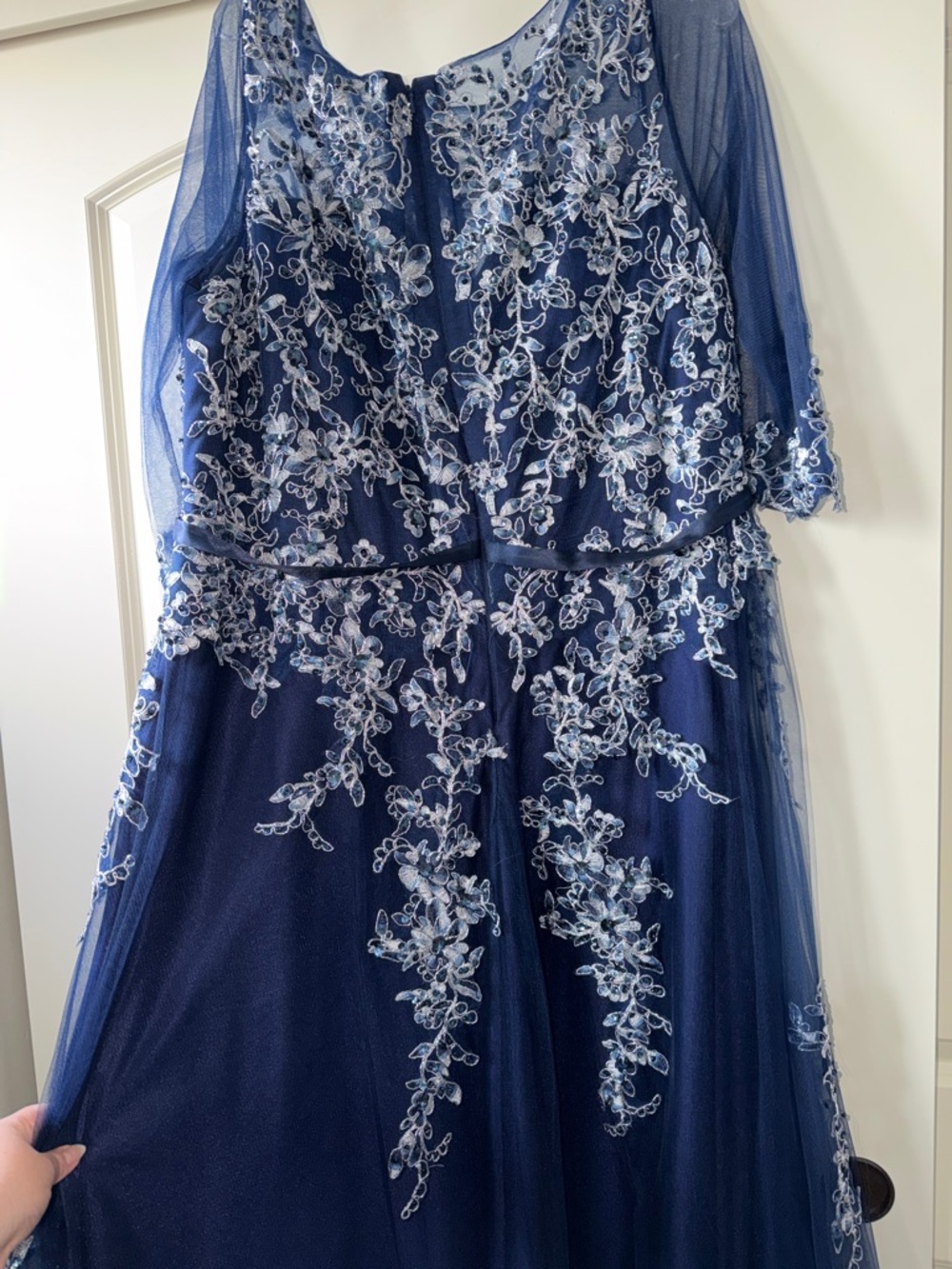 Navy Blue Embroidered Tulle Evening Dress - Picture 6 of 10